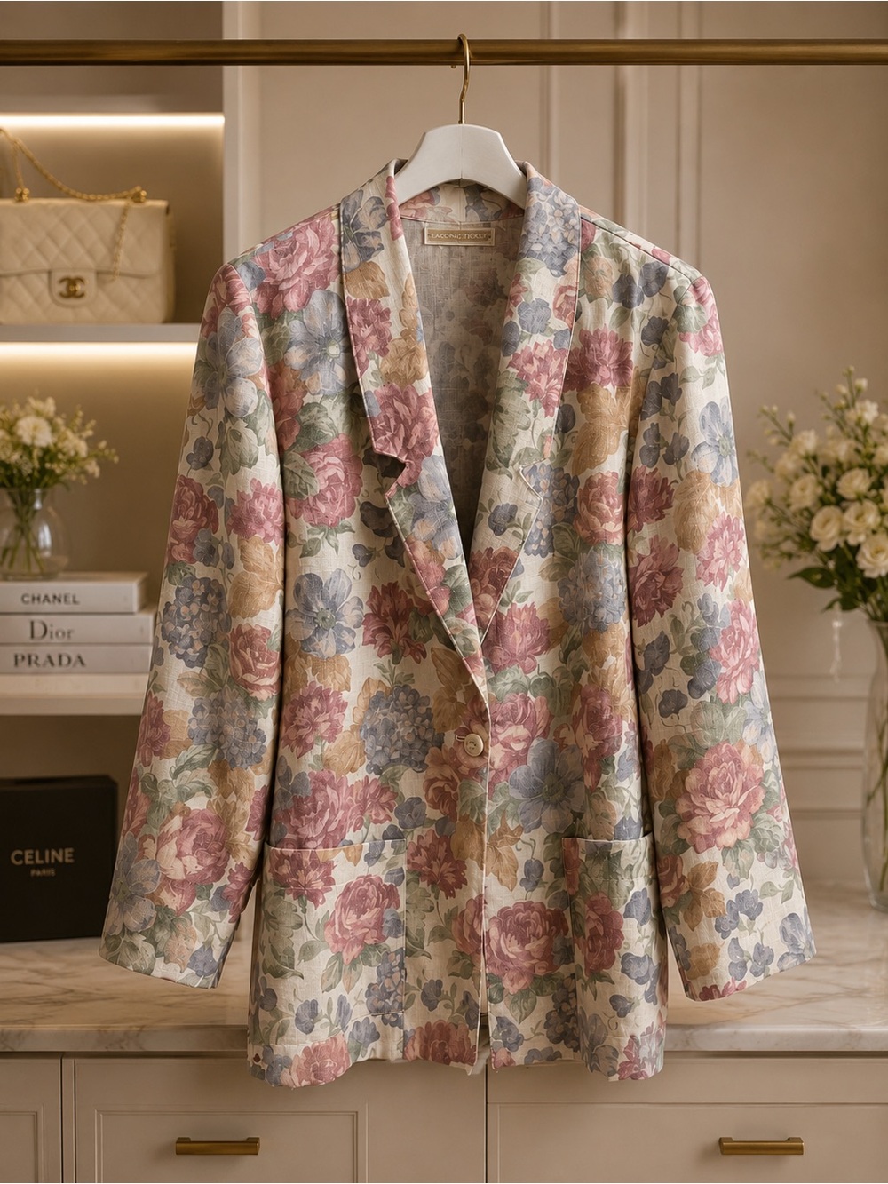 Vintage Floral Blazer Pastel Linen Blend Jacket Cottagecore Size S Fits M/L